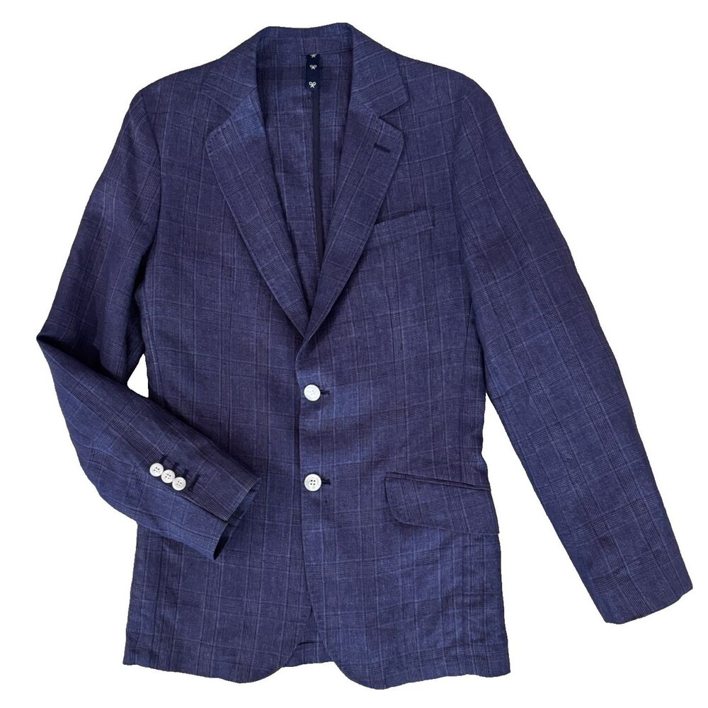 Silbon Men’s Blue Plaid 100% Linen Blazer Jacket EU44/US S Made in Spain